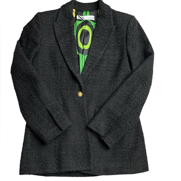 Zara Black Tweed Blazer Jacket Single Button Shoulder Pads Size Large - Picture 1 of 8
